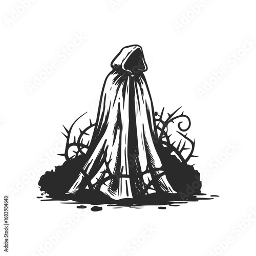Mystical hooded figure with thorny vines