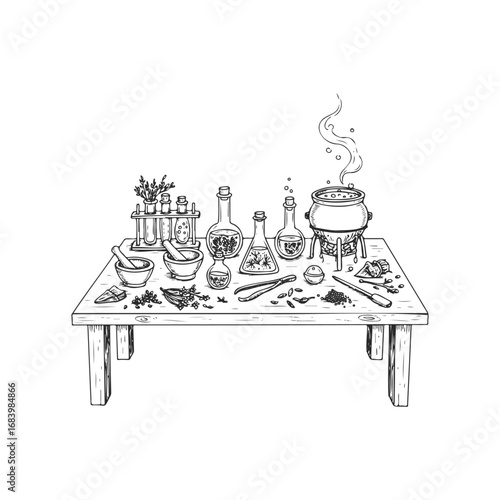 Alchemy table with flasks, herbs, and tools for potion brewing in vintage style