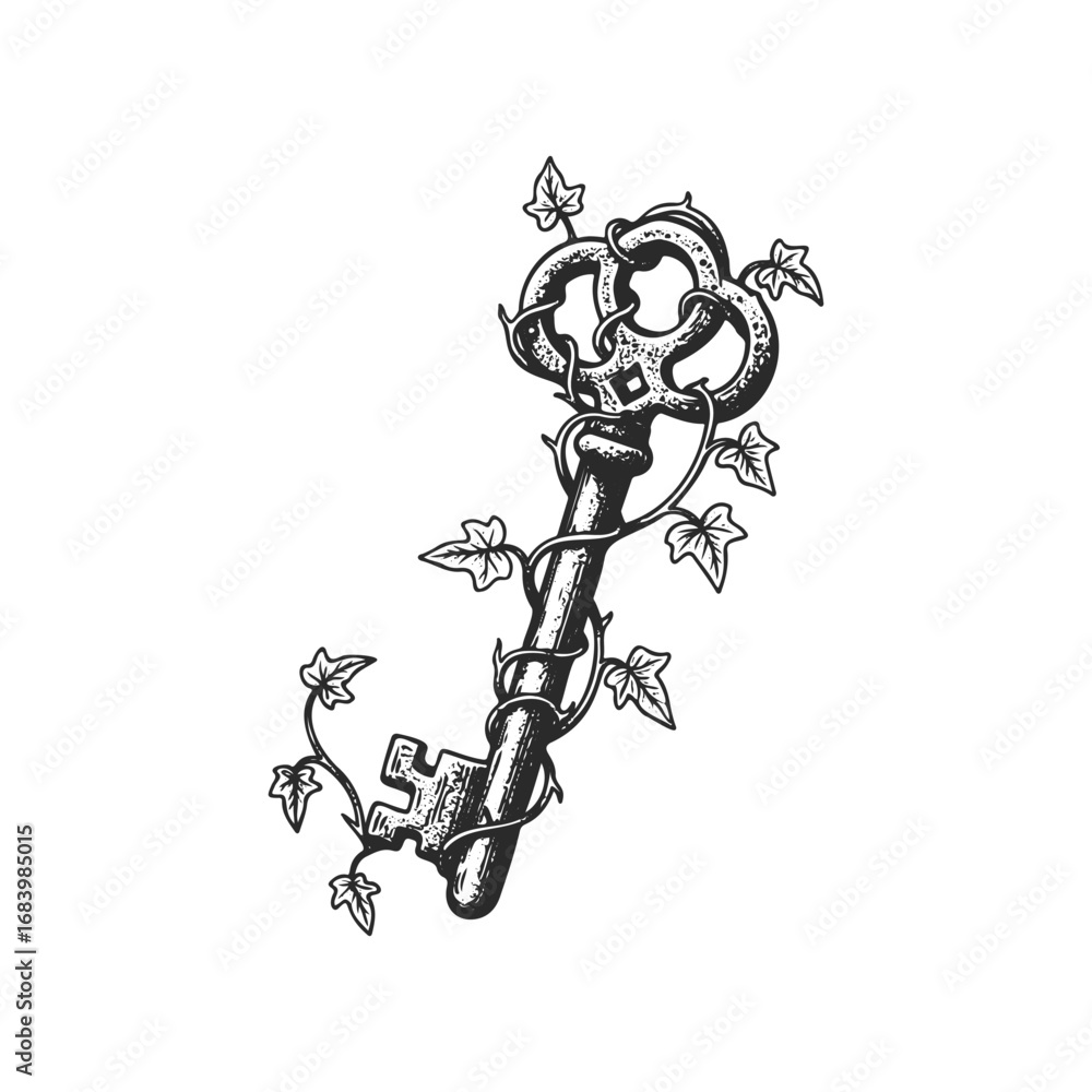 Naklejka premium Vintage ornate skeleton key with ivy vines in black and white illustration