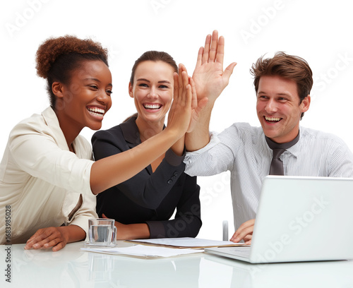  three diverse office workers sitting at a conference table, high-fiving after a corporate presentation, transparent background png, stock photo style, high resolution .