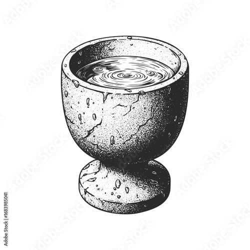 Vintage stone goblet with water - detailed engraved illustration