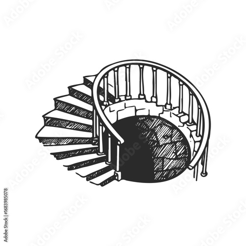 Hand-drawn spiral staircase illustration with circular railing