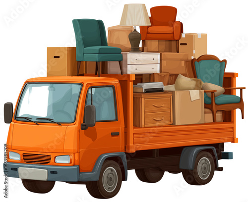 clip art of a moving truck with boxes and furniture in the back, transparent background. 