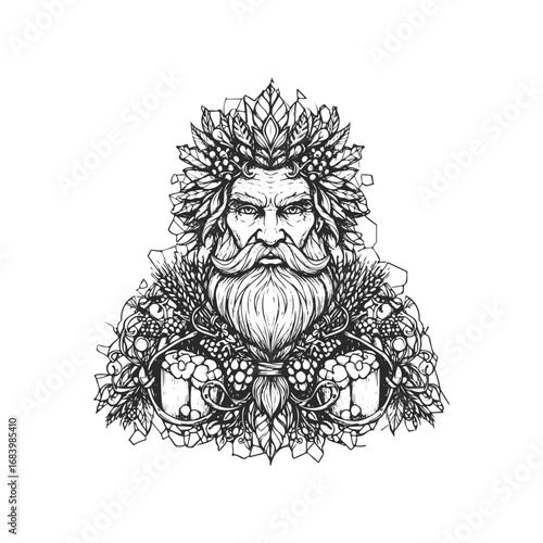 Intricate line art of bearded man with celtic patterns and nature elements