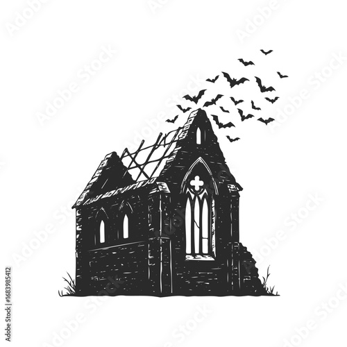 Haunted gothic ruin with flying bats and broken roof