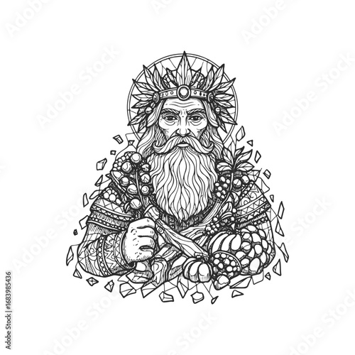 Intricate illustration of bearded male norse god with viking elements