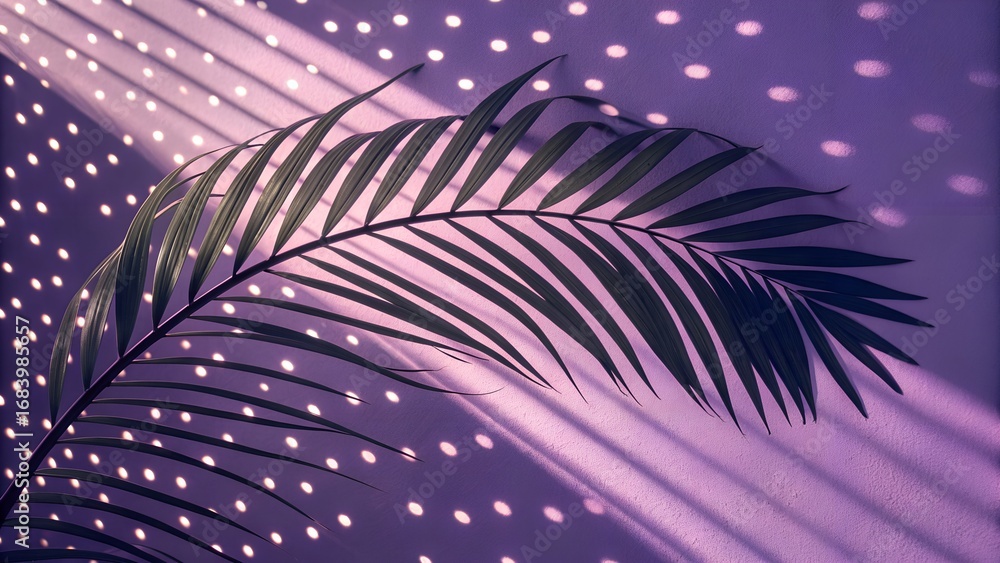 Naklejka premium Artistic shadow play of a tropical palm leaf on purple background, with dotted light reflections