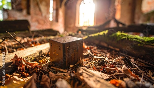 Wallpaper Mural Wooden Cube with Symbolism Lying on Forest Floor in Old Building Torontodigital.ca