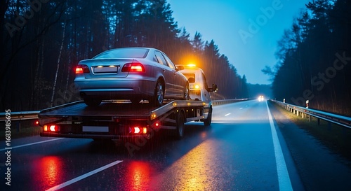 silver sedan is being transported on a flatbed tow truck on a rural road at dusk, its taillights glowing brightly.