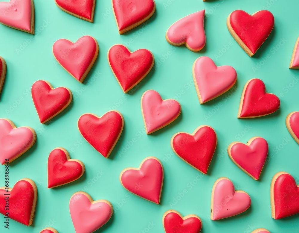 Obraz premium Homemade heart-shaped cookies on a refreshing mint green background, perfect for Valentine's Day, confectionery, love