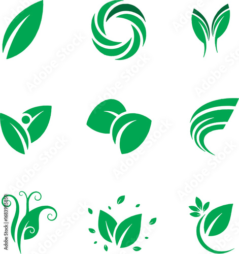 Eco-Friendly Designs: A compilation of minimalist and elegant designs using the fresh green leaf motif, perfect for representing sustainability, organic products, and environmental awareness.