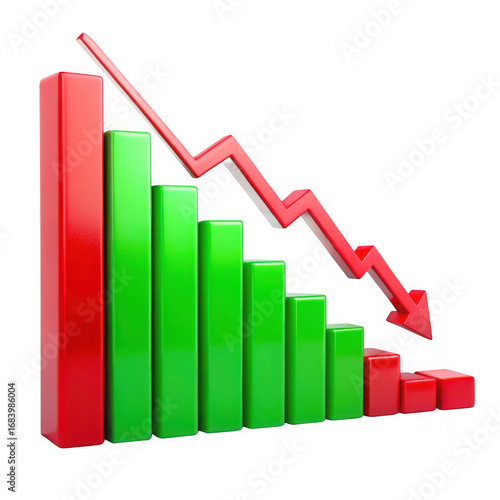 Bar chart showing decline trend with downward arrow indicator transparent background
