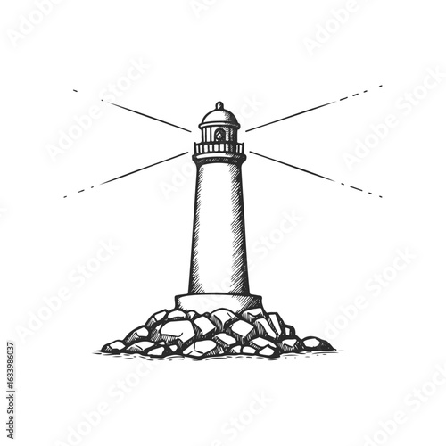 Monochrome lighthouse on rocky shore with light beams illustration