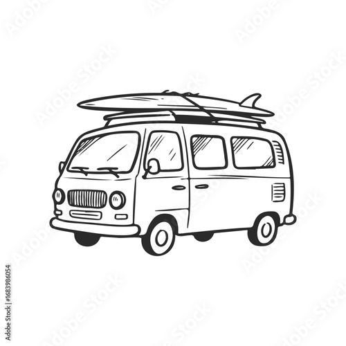 Vintage camper van with surfboards on roof in black and white drawing