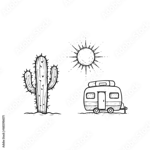 Desert scene with cactus and caravan under sun illustration