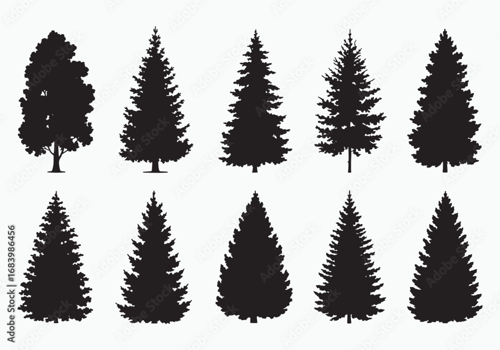 Fototapeta premium Collection of diverse evergreen tree silhouettes perfect for nature and forest themed designs white background