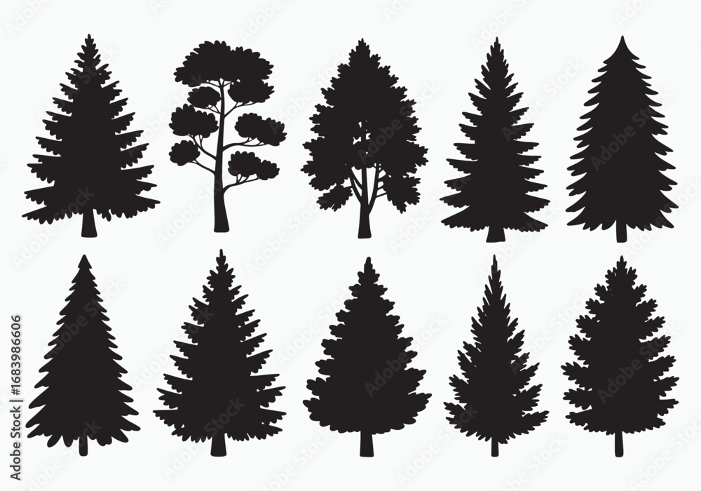 Fototapeta premium Collection of diverse pine and evergreen tree silhouettes for nature and forest themed designs white background