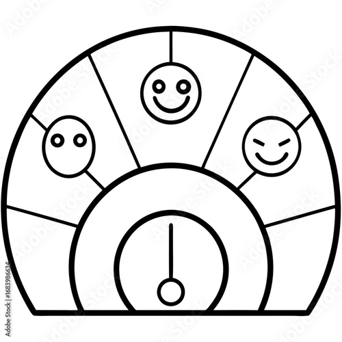A simple black and white line drawing illustration of a gauge with a dial and three different smiley faces indicating varying levels of emotion or satisfaction, suitable for various conceptual uses