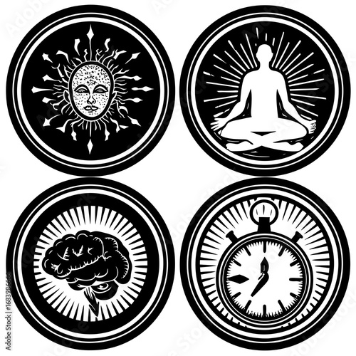 Four timeless circular emblems, in a bold woodcut style, symbolizing mind, spirit, time, and wisdom, ideal for themes of consciousness and self-development