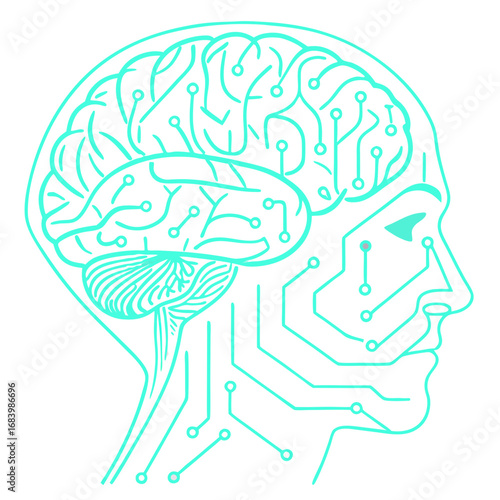 Artistic line drawing of a human brain and face profile integrated with electronic pathways, representing the fusion of biology with advanced technology