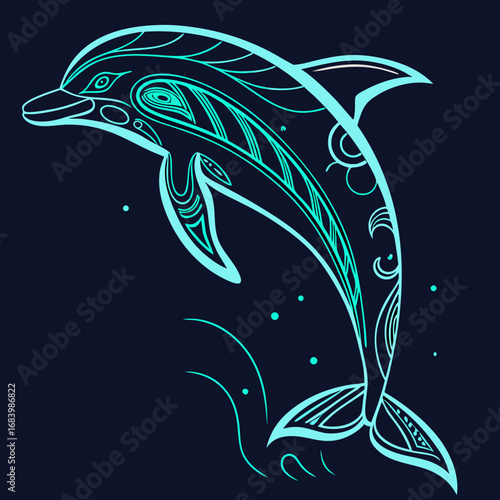 A decorative dolphin with intricate tribal patterns jumps in a mystical sea. This luminous marine mammal art features glowing cyan lines on a dark canvas