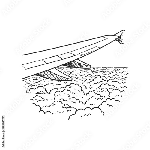 Airplane wing over clouds: detailed illustration of flight above clouds