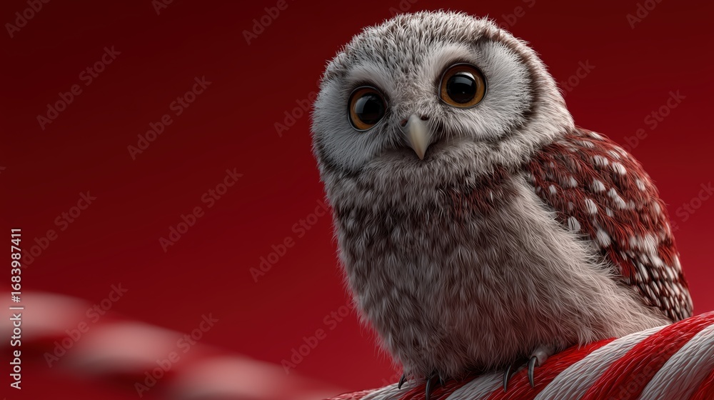 Obraz premium Adorable young owl perched on a red-and-white striped surface, with a warm red backdrop.