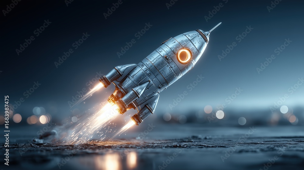 Fototapeta premium Retro-style metallic rocket ship launching with fiery exhaust against a cool blue twilight background.