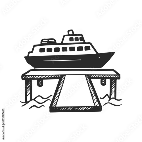 Sketch of boat at dock with water waves in black and white