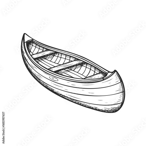 Hand-drawn canoe sketch in black and white style