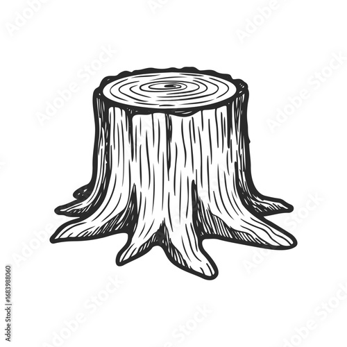 Detailed black and white illustration of a tree stump