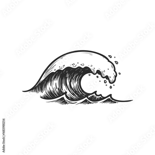 Black and white illustration of ocean wave in vintage style