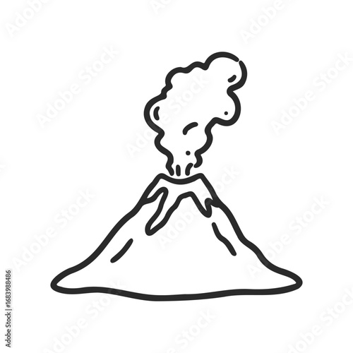 Simple black and white drawing of erupting volcano with smoke