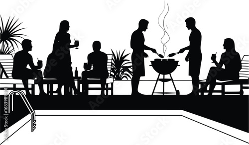 Silhouette Poolside Party With Barbecue, Lounge Chairs And Tropical Plants grill