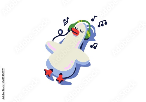 Cartoon illustration of a cute duck relaxing with headphones, enjoying music. The colorful design shows the joyful duck with a red beak, laying back and listening to tunes, surrounded by musical notes