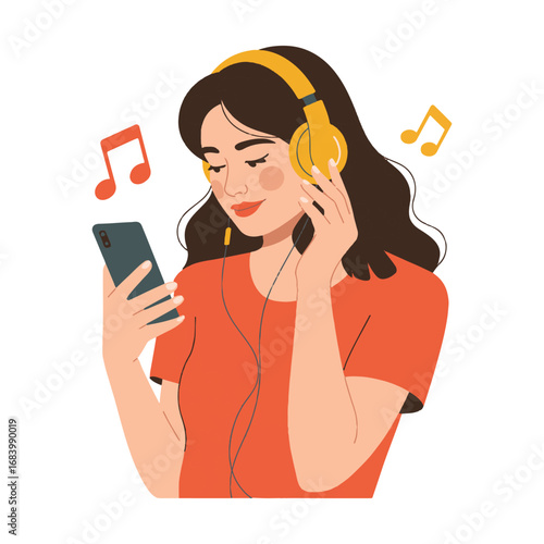 Young woman listening to music with headphones and smartphone illustration