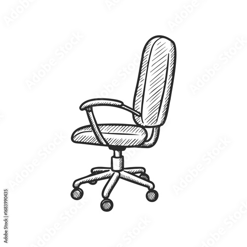 Hand-drawn office chair sketch with casters and armrests on white background
