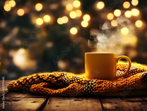 Warm Cozy Winter Mug Hot Drink Steaming Coffee Tea on Knitted Scarf Wooden Table Background
