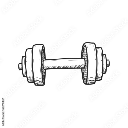 Hand-drawn dumbbell sketch on white background: fitness and gym concept art