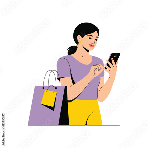 Woman shopping online with smartphone and shopping bags illustration