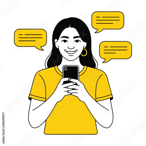 Smiling woman texting on smartphone with chat bubbles illustration
