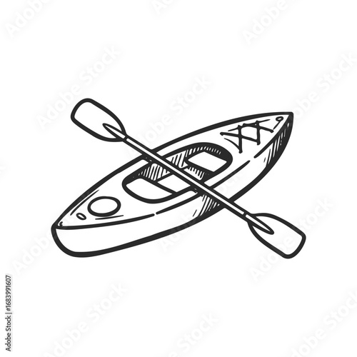 Hand-drawn black and white kayak with paddles illustration