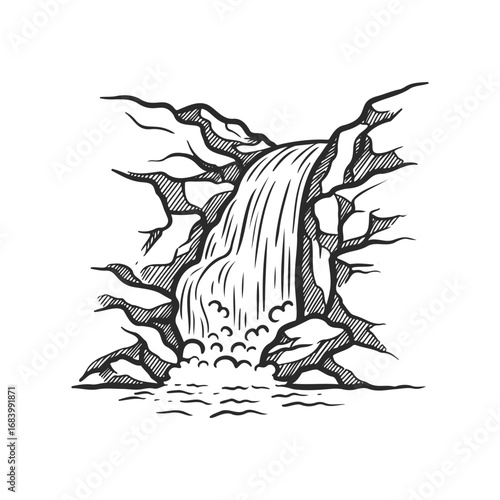 Sketch of a rocky waterfall flowing through crags
