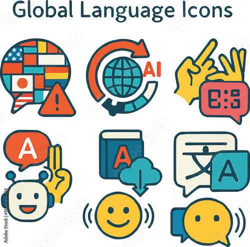 Global Language Icon Set – Multilingual Speech Bubble, AI Translate, Sign QR, Chatbot, Unicode Emoji, Script Overlay
