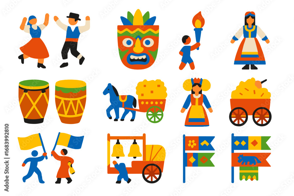 Fototapeta premium Traditional Parade Icons. Flat vector icons of traditional parades: folk dancers, ceremonial mask, torch bearer, ethnic drums,