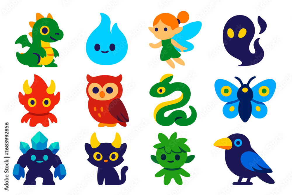 Obraz premium Magical Creature Icons. Flat vector icons of magical creatures: baby dragon, elemental spirit, tiny fairy, shadow wisp, flame imp,