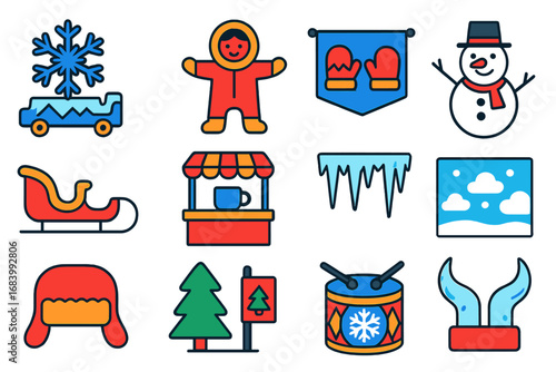 Winter Parade Icons. Flat vector icons of winter parades: snowflake float, warm costume, mittens banner, snowman mascot, sled