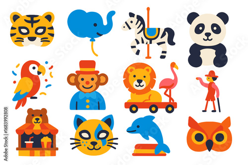 Animal Carnival Icons. Flat vector icons of animal-themed carnival: tiger mask, elephant balloon, zebra carousel horse, panda