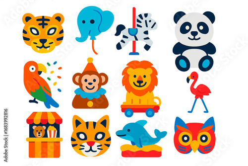 Animal Carnival Icons. Flat vector icons of animal-themed carnival: tiger mask, elephant balloon, zebra carousel horse, panda
