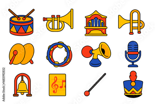 Circus Music Icons. Flat vector icons of circus music and instruments: snare drum, trumpet, calliope, trombone, cymbals,